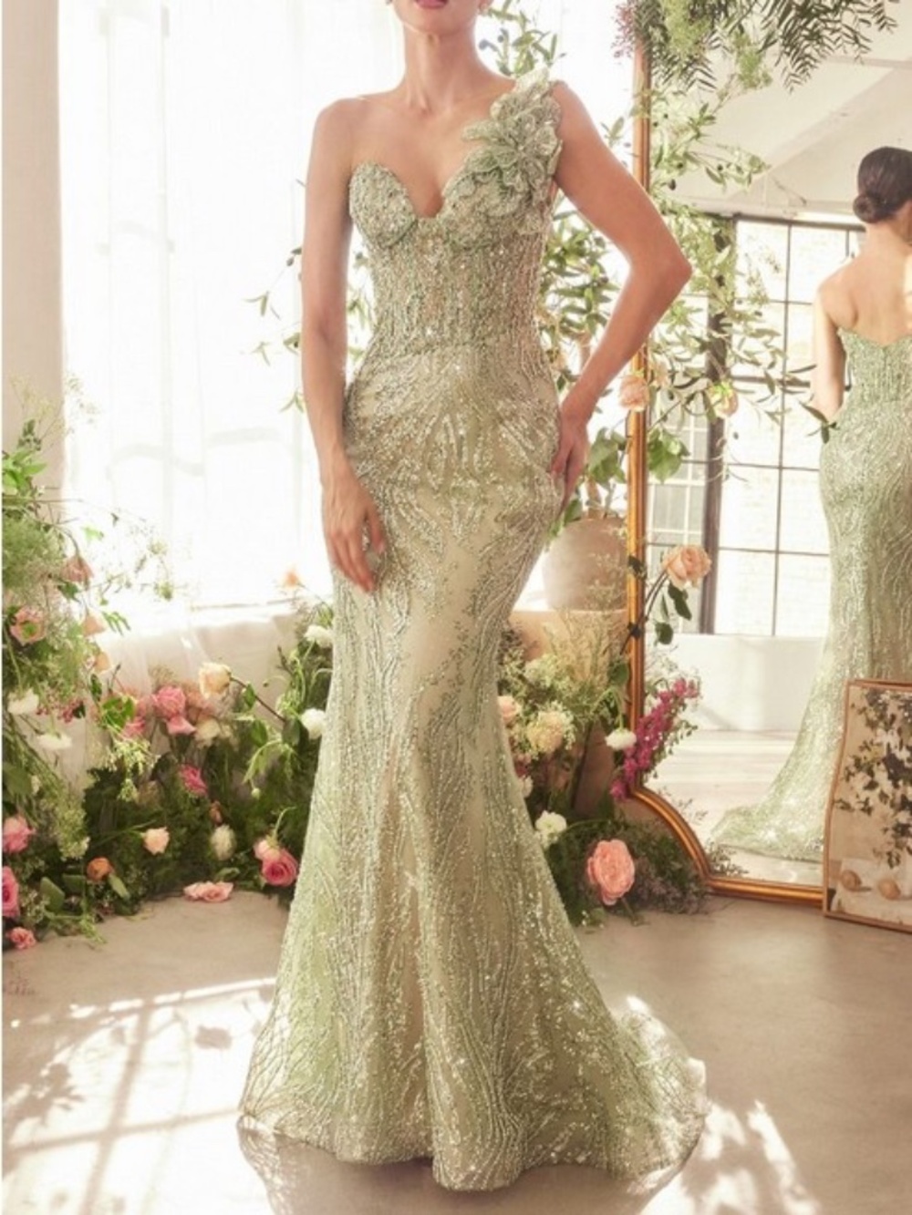 Beaded Fitted One Shoulder Gown by Andrea and Leo A1392